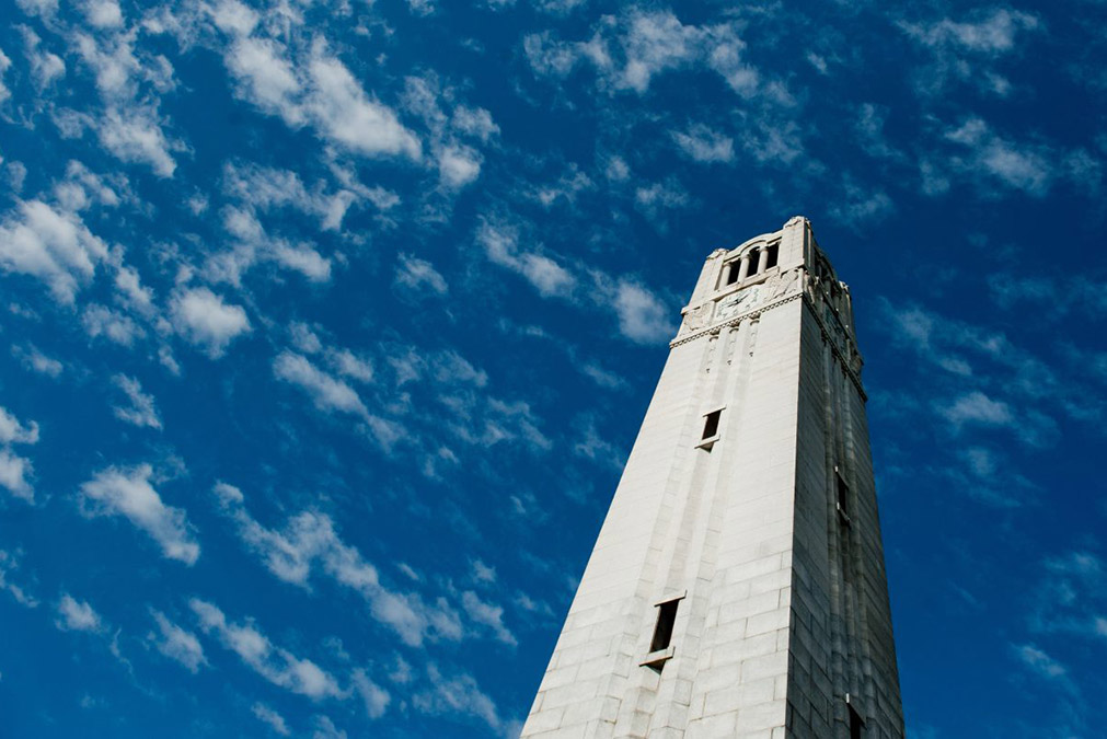 NC State campus tower perspective from the ground to the sky