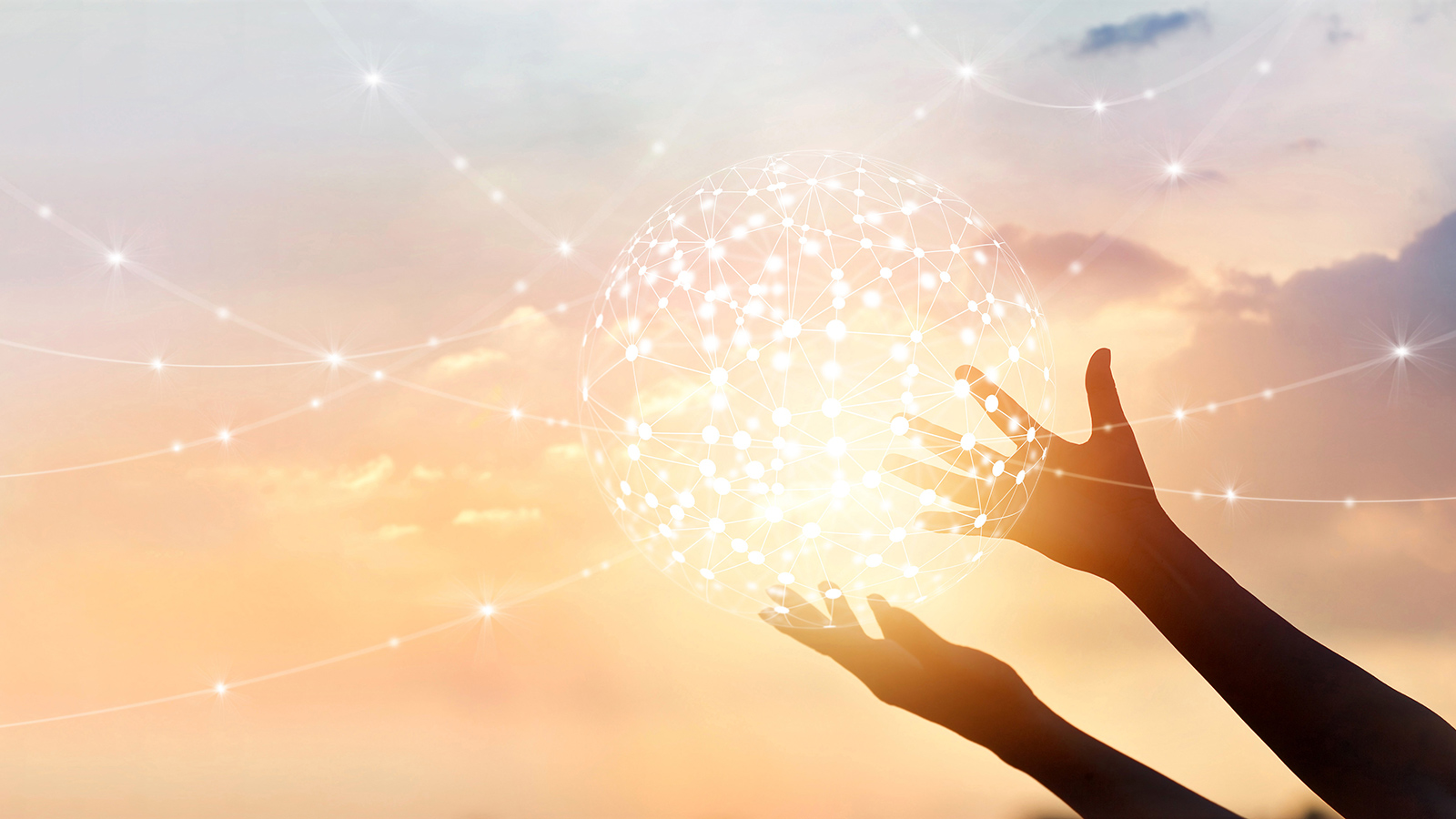 Hands holding a global network connection graphic